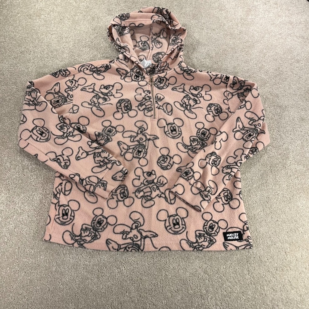 Disney Mickey Mouse Fleece Hoodie Womens Large Pink Quarter Zip Sketch Print